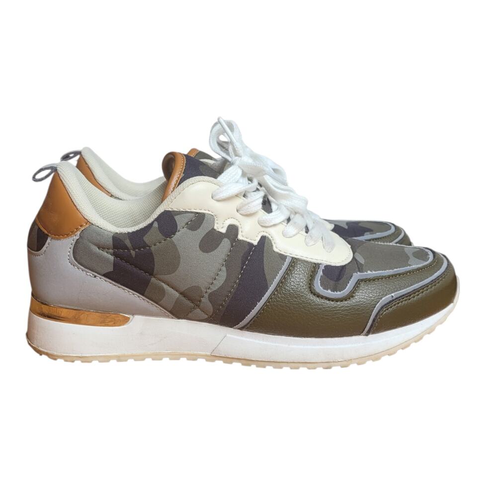 ShoeDazzle Shifra Camo Sneakers Women’s 8.5 Olive Green Brown White Gold